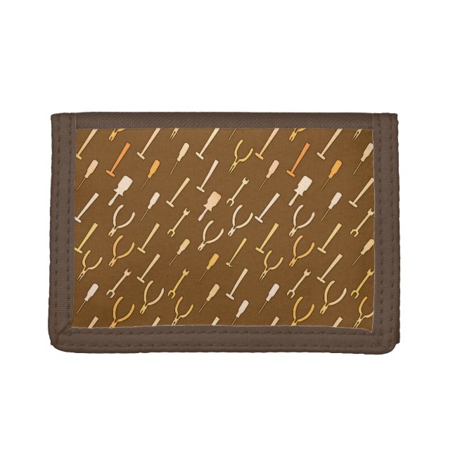 Handyman tools, on chocolate brown trifold wallet (Front)