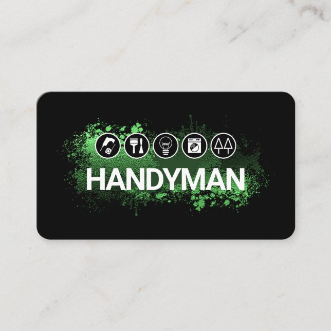 Handyman Tools On Green Paint Splatter Business Card (Front)