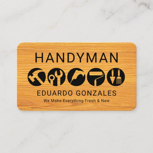 Handyman Tools On Wood  Business Card (Front)