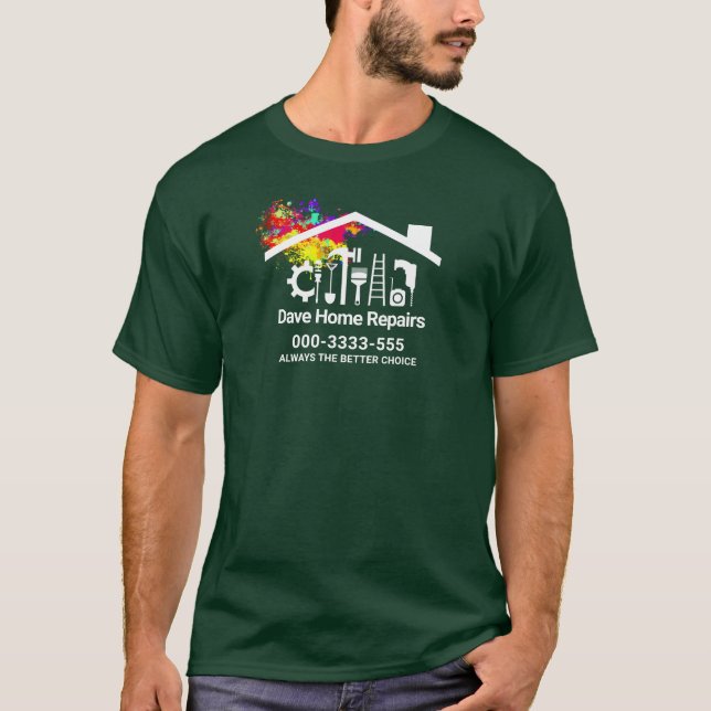 Handyman Tools Paint Splattered Rooftop Building T-Shirt (Front)