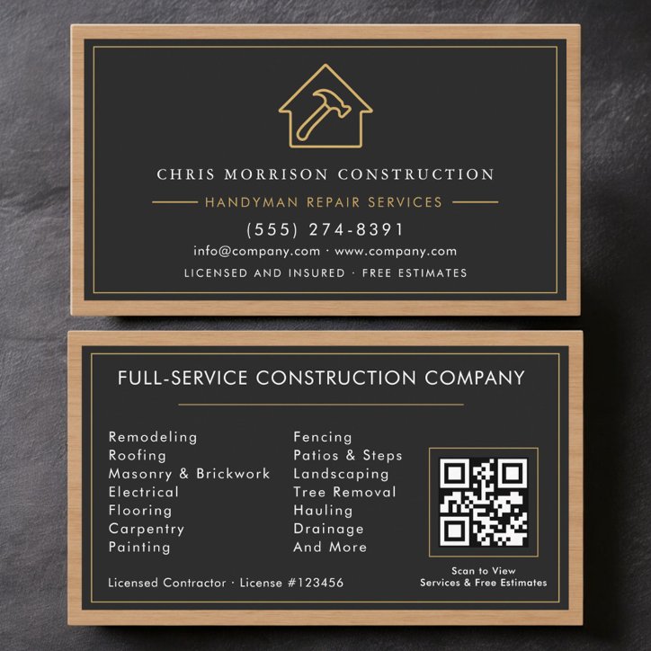 Handyman Wood QR Code Construction Black Gold Business Card