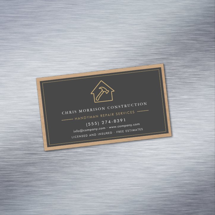 Handyman Wood QR Code Construction Black Gold Business Card Magnet