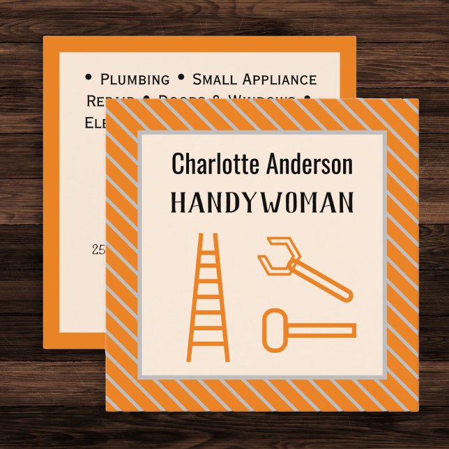 Handywoman Modern Orange Customizable QR Code Square Business Card (A customizable business card for a handywoman, in orange and peach)