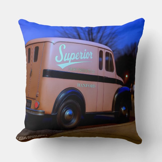 HANFORD AT DUSK. SUPERIOR DAIRY DELIVERY TRUCK. THROW PILLOW (Front)