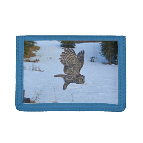Hang_gliding Great Grey Owl and Snowy Field Trifold Wallet