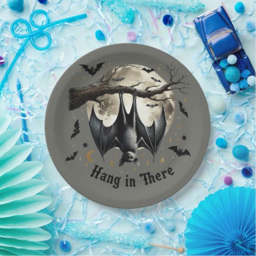 Hang in There Funny Vintage Bat Halloween Paper Plates