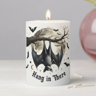Hang in There Funny Vintage Bat Halloween Pillar Candle