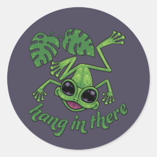 Hang In There Happy Green Tree Frog Classic Round Sticker