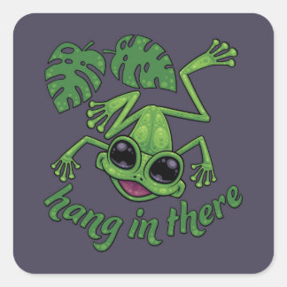Hang In There Happy Green Tree Frog Square Sticker