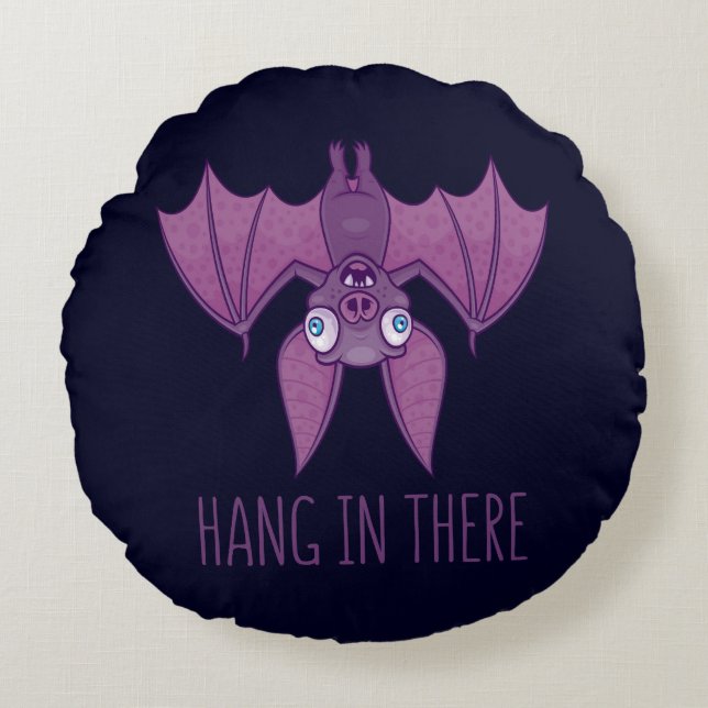 Hang In There Wacky Vampire Bat Round Pillow (Front)