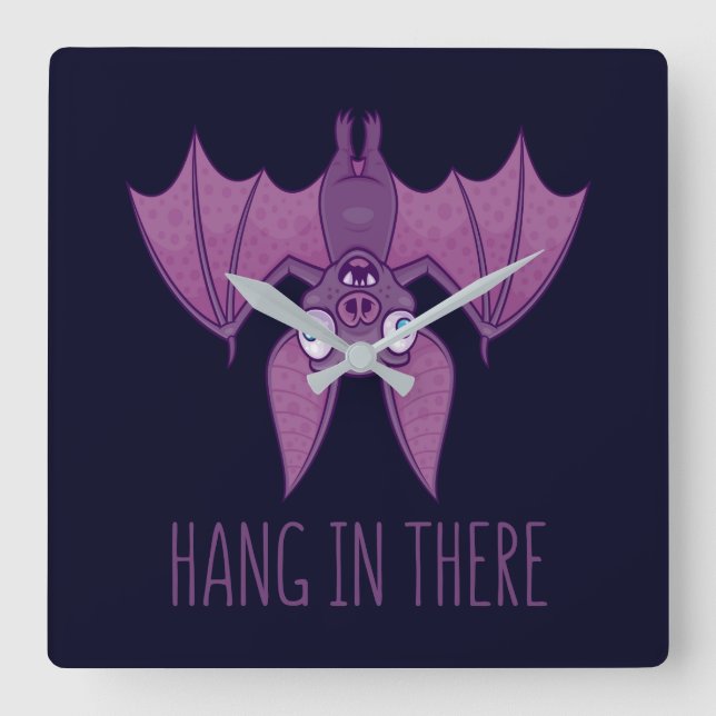 Hang In There Wacky Vampire Bat Square Wall Clock (Front)