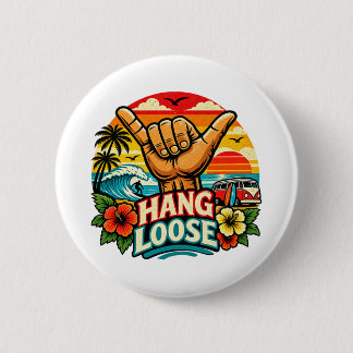 Hang Loose Shaka Hand Retro Surf Wave Art Button