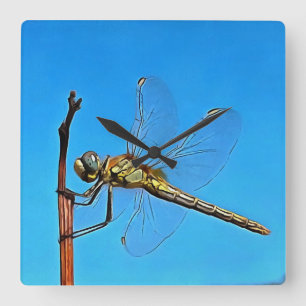 Hang On Artistic Dragonfly Against Cerulean Blue Square Wall Clock