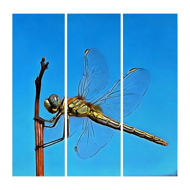 Hang On Artistic Dragonfly Against Cerulean Blue Triptych (Front)