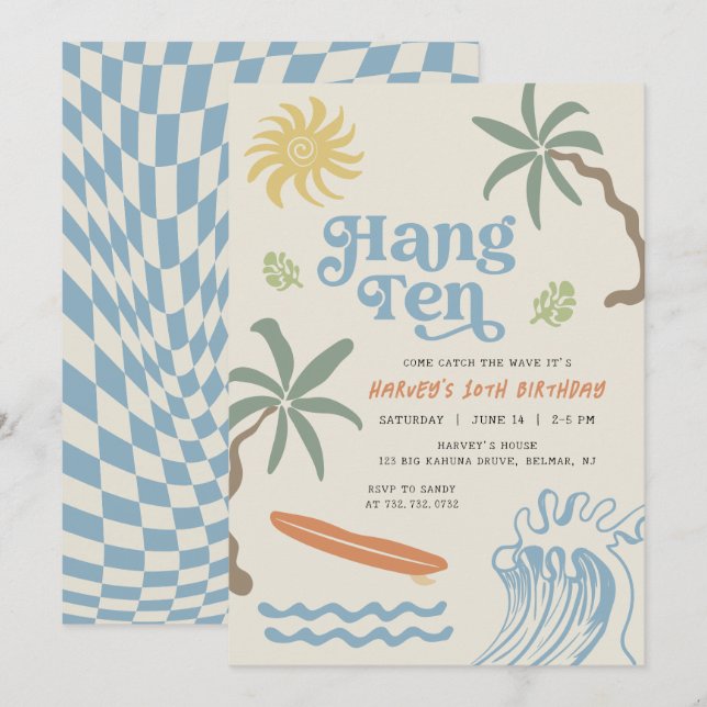 Hang Ten Retro Surf 10th Birthday Invitation (Front/Back)
