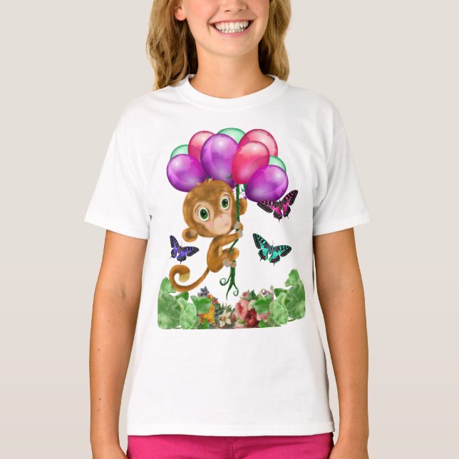 Hangin' Out Cute Monkey, Butterflies & Balloons T-Shirt (Front)