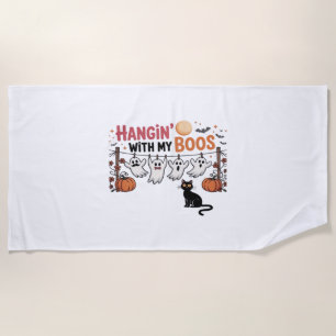 Hangin With My Boos Ghost Holding Black Cat Funny Beach Towel