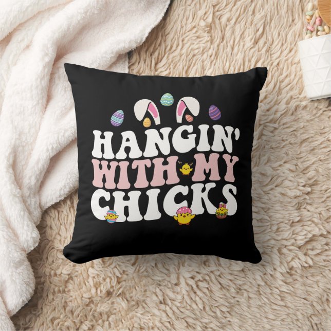 Hangin' With My Chicks Easter Bunny Groovy Retro Throw Pillow (Blanket)