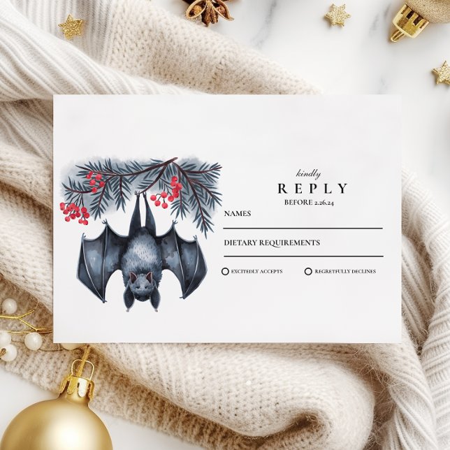 Hanging Bat Gothic Winter Wedding RSVP Card (Creator Uploaded)