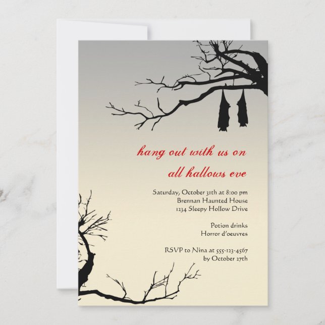 Hanging bats bare branches decay chic Halloween Invitation (Front)