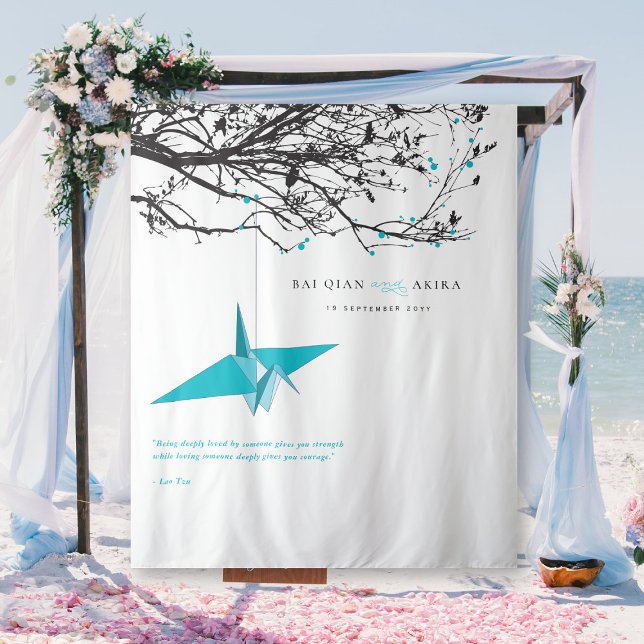 Hanging Blue Paper Crane Wedding Photo Backdrop (Hanging Blue Origami Paper Crane Branches Asian Wedding Photo Backdrop Tapestry @ fatfatin_red_knot)
