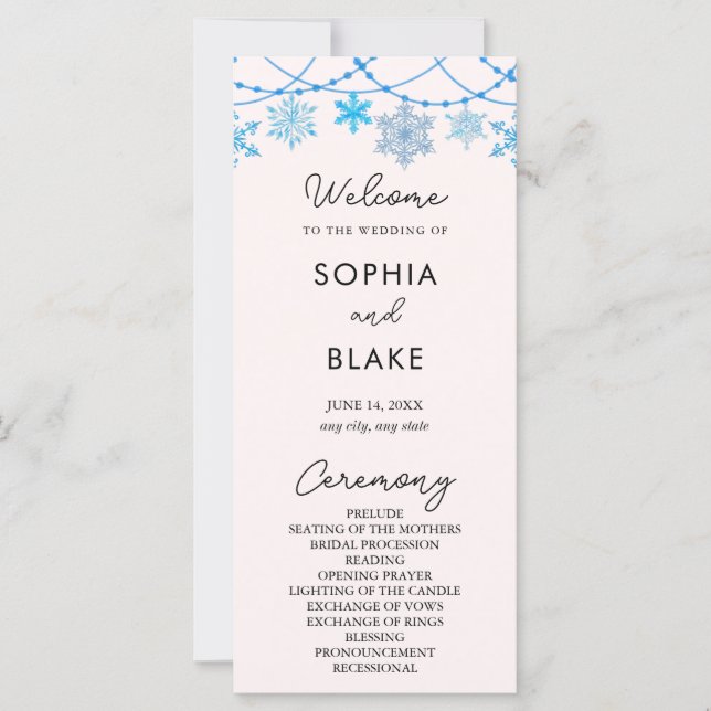 Hanging Blue Snowflakes Cream Wedding Program (Front)