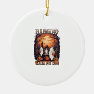 Hanging Boo Halloween Ghosts Pumpkins Full Moon_1 Ceramic Ornament