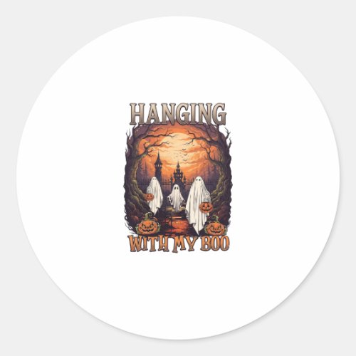 Hanging Boo Halloween Ghosts Pumpkins Full Moon_1 Classic Round Sticker