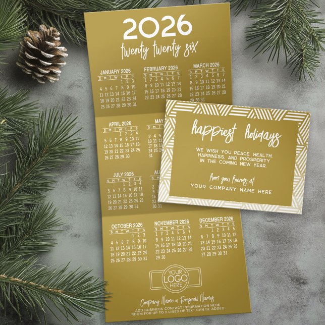Hanging Calendar, Logo, Modern Gold Business Tri-Fold Holiday Card (Business Holiday Card with a Hanging 2026 Calendar)