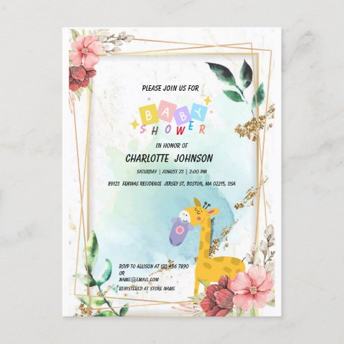 Hanging clothes w giraffeBoho Floral Baby shower  Postcard