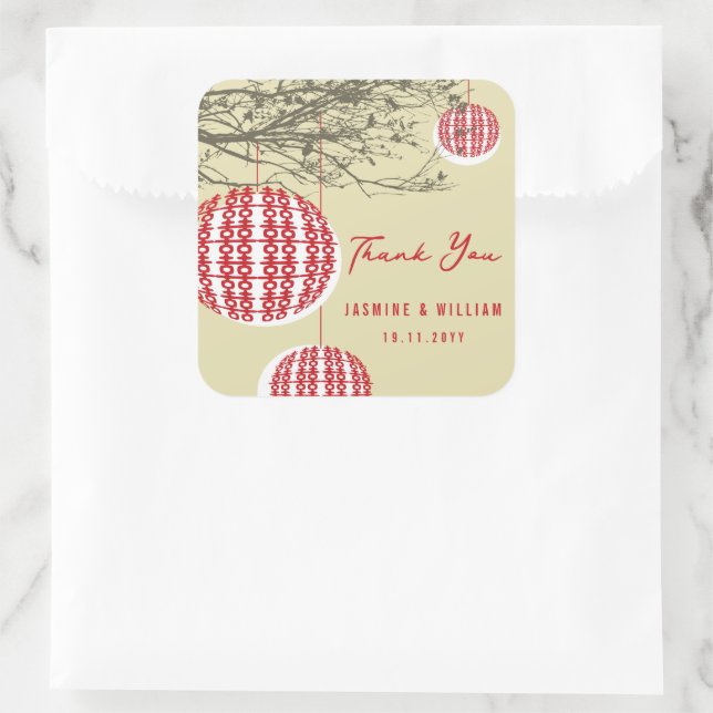 Hanging Double Happiness Red Lanterns On Branches Square Sticker (Bag)