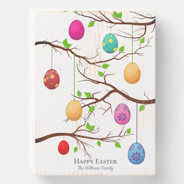 Hanging Easter Eggs, Spring Tree Branches Wooden Box Sign (Front Vertical)