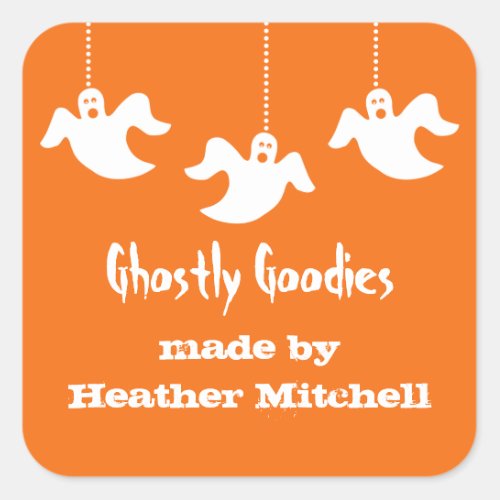 Hanging Ghosts Halloween Baking Stickers Orange Square Sticker