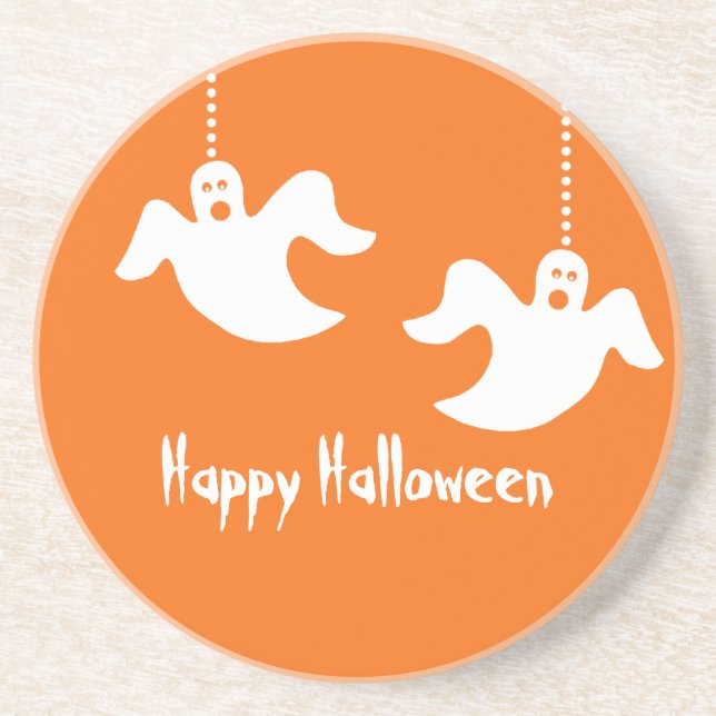 Hanging Ghosts Halloween Coaster, Orange Sandstone Coaster (Front)