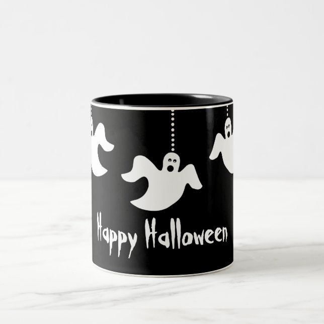 Hanging Ghosts Halloween Mug, Black Two-Tone Coffee Mug (Center)