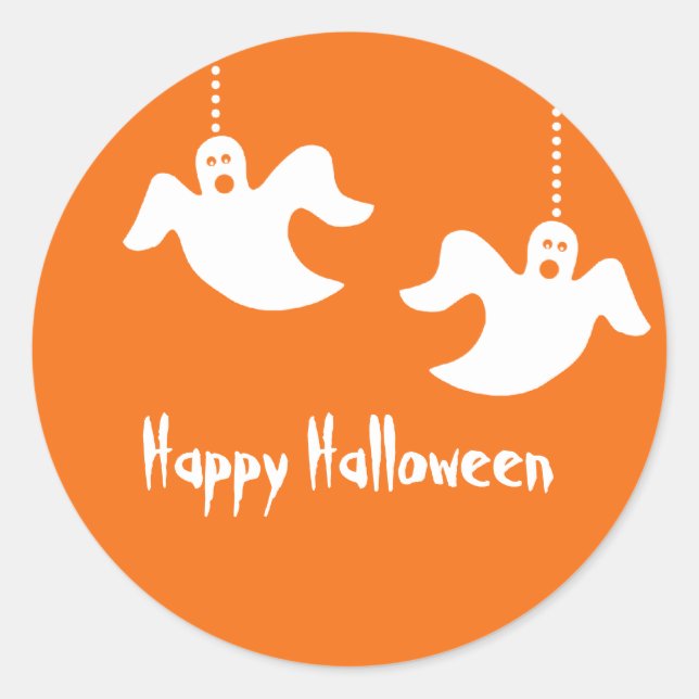 Hanging Ghosts Halloween Stickers, Orange Classic Round Sticker (Front)