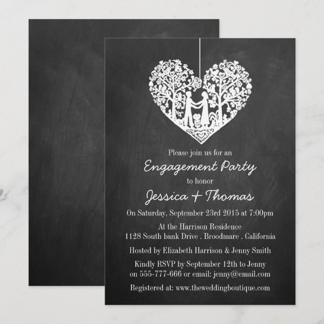 Hanging Heart Tree Chalkboard Engagement Party Invitation (Front/Back)