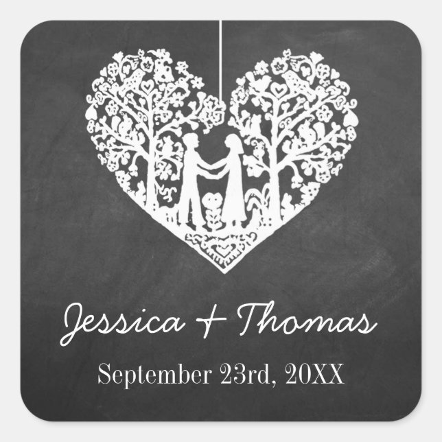 Hanging Heart Tree Chalkboard Wedding Favor Square Sticker (Front)