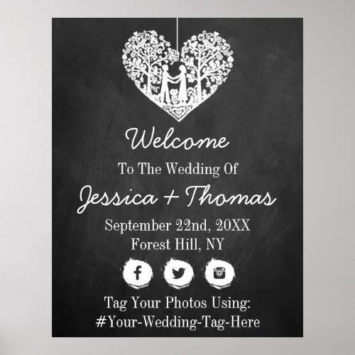 Hanging Heart Tree Chalkboard Wedding Welcome Poster