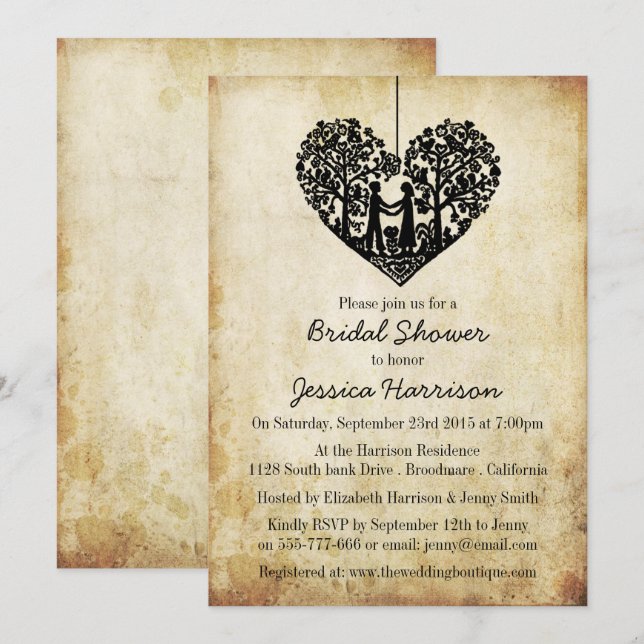 Hanging Heart Tree Vintage Bridal Shower Invitation (Front/Back)