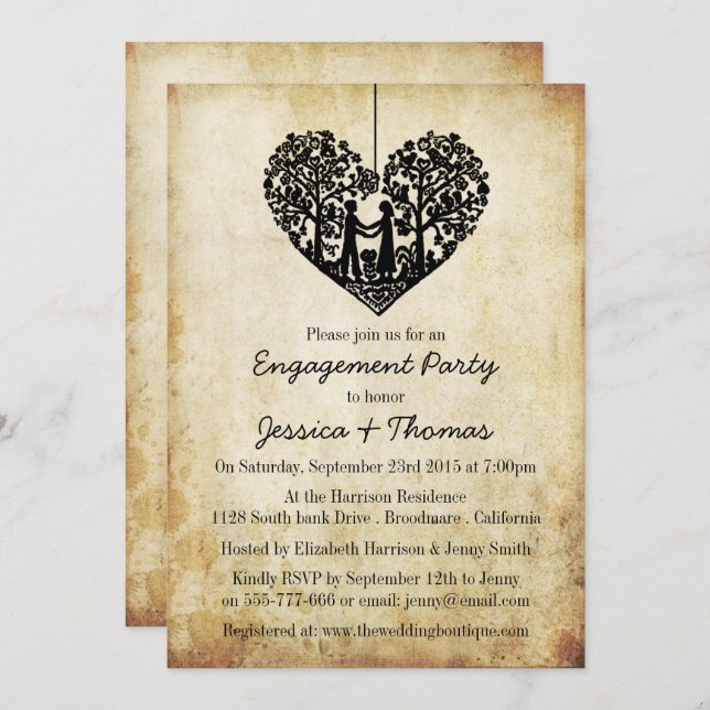 Hanging Heart Tree Vintage Engagement Shower Invitation (Front/Back)