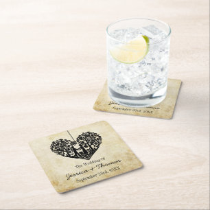 Hanging Heart Tree Vintage Wedding Collection Square Paper Coaster