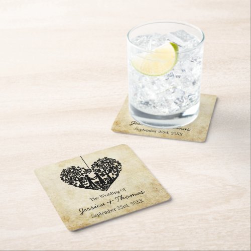 Hanging Heart Tree Vintage Wedding Collection Square Paper Coaster