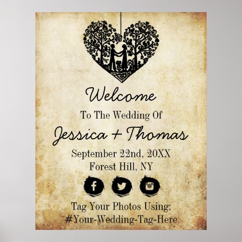 Hanging Heart Tree Vintage Wedding Welcome Poster