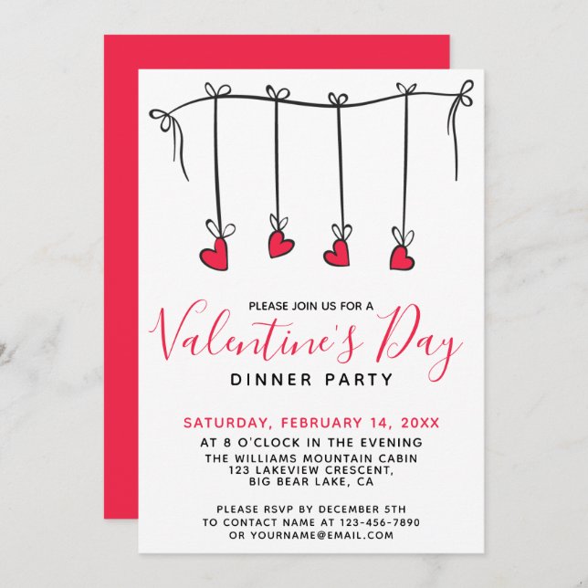HANGING HEARTS Valentine's Day Dinner Party Invitation (Front/Back)