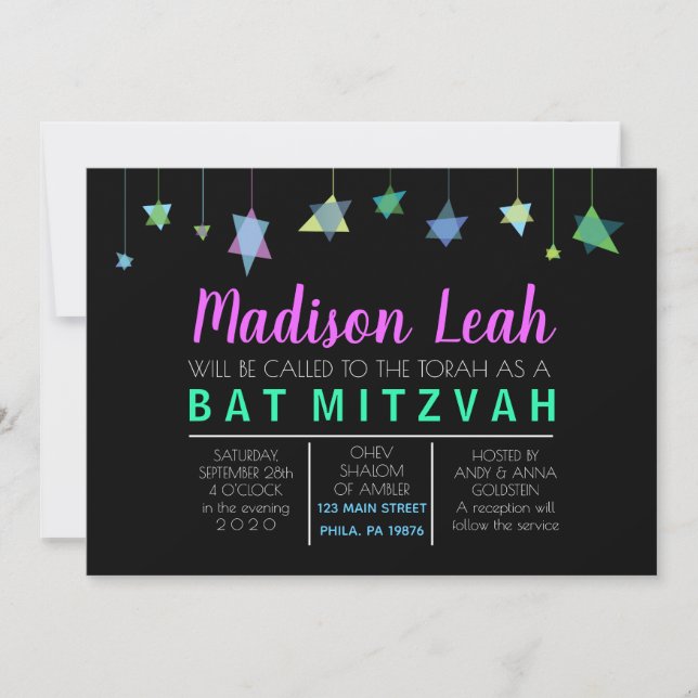 HANGING HEBREW LETTERS Bat Bar Mitzvah Invitation (Front)