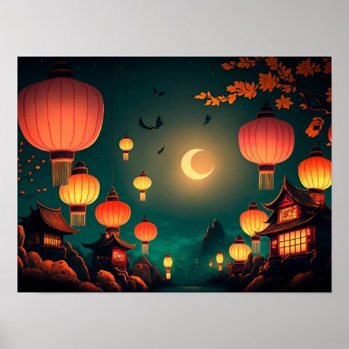 Hanging lanterns in the night of the city poster