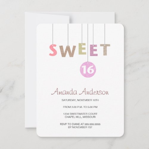 Hanging Letters Sweet Sixteen Birthday Invitations