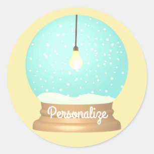 Hanging lightbulb snow globe blue yellow unique  classic round sticker