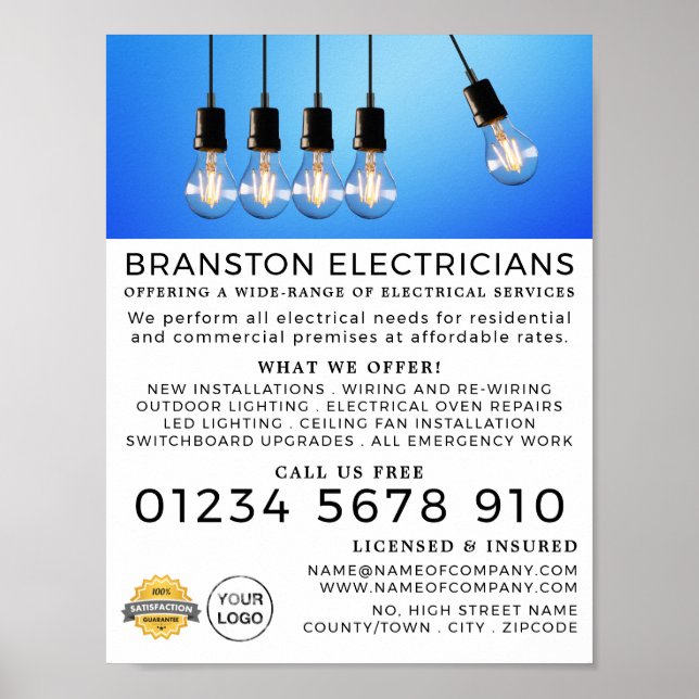 Hanging Lightbulbs, Electrician Advertising Poster (Front)